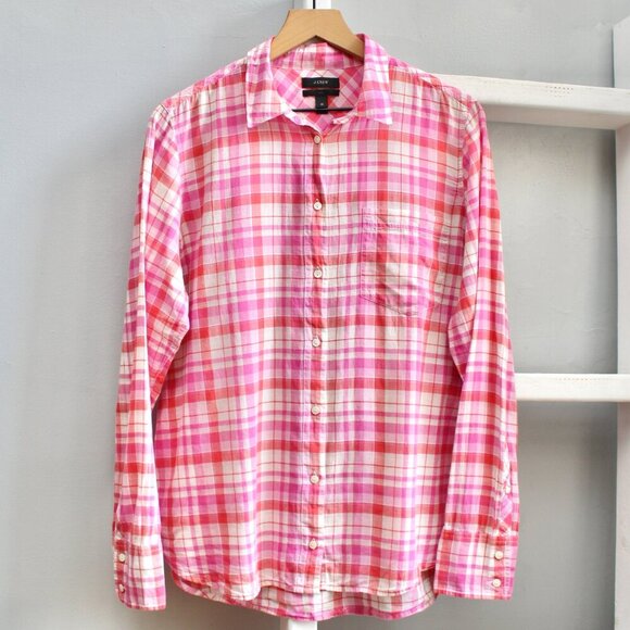J. Crew Tops - J. Crew Womens Boy Pink Red Madras Plaid Cotton Light Button Down Shirt Size 12